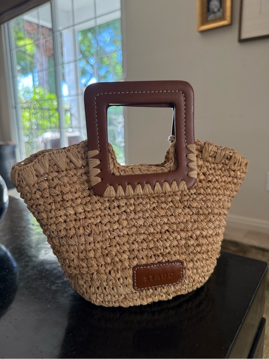 STAUD Handbags - STAUD Shirley Mini Tote with Raffia and Leather Trim